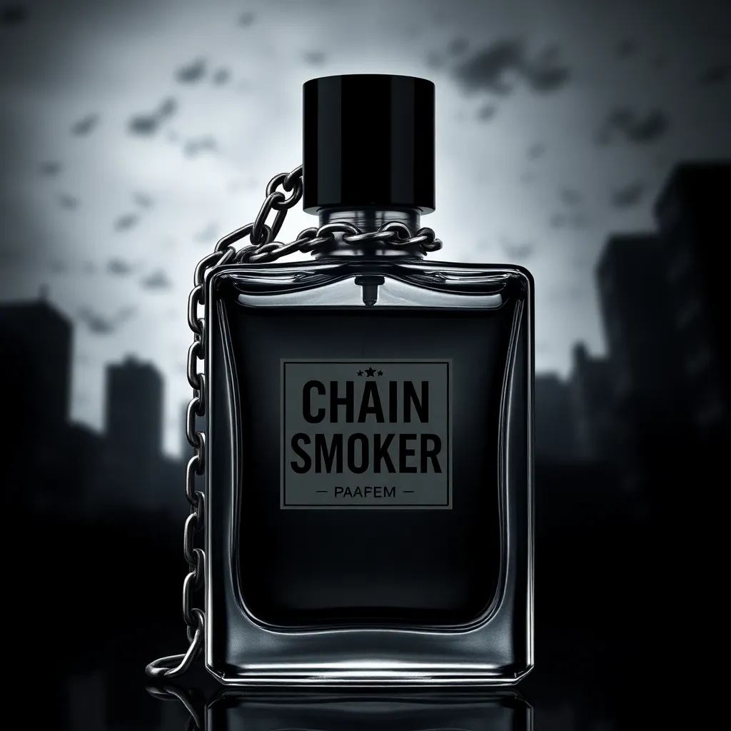 Chain Smoker perfume bottle with edgy urban background, dark glass bottle with smoky grey liquid and chain decoration