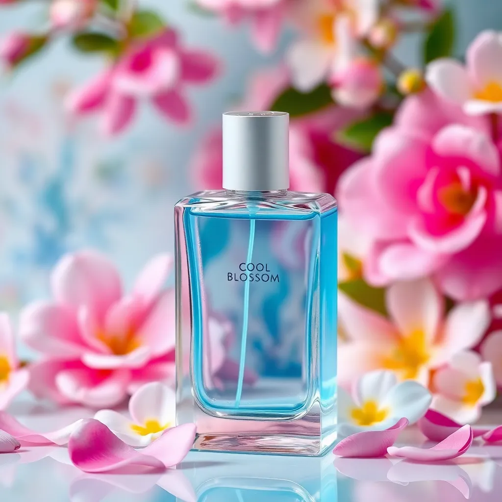 Cool Blossom perfume bottle with fresh floral background, transparent bottle with light blue liquid and flower petals