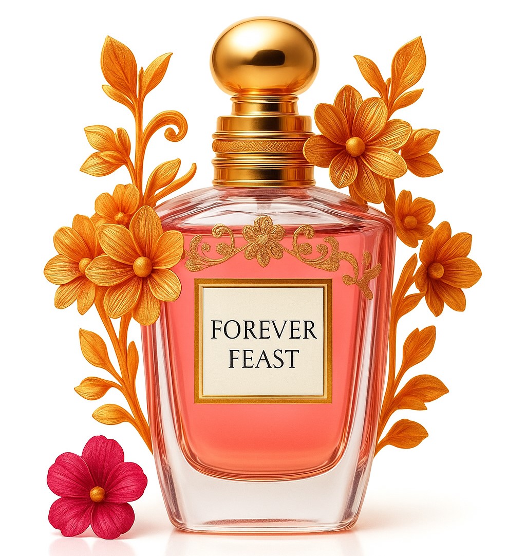 Forever Feast perfume bottle with luxurious golden decor and floral accents, elegant and shiny glass bottle