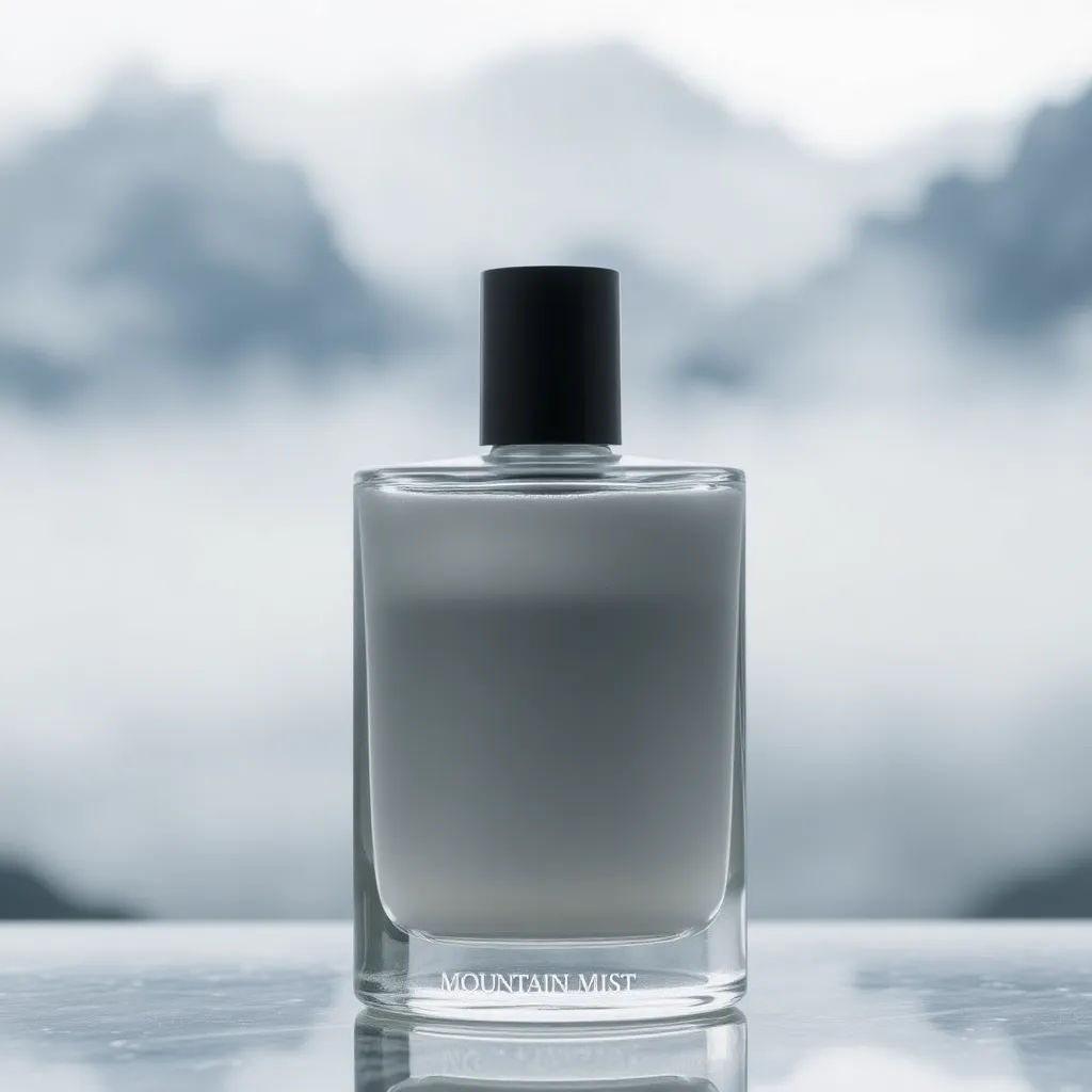 Mountain Mist perfume bottle with mountain and mist backdrop, frosted glass bottle with cool grey liquid