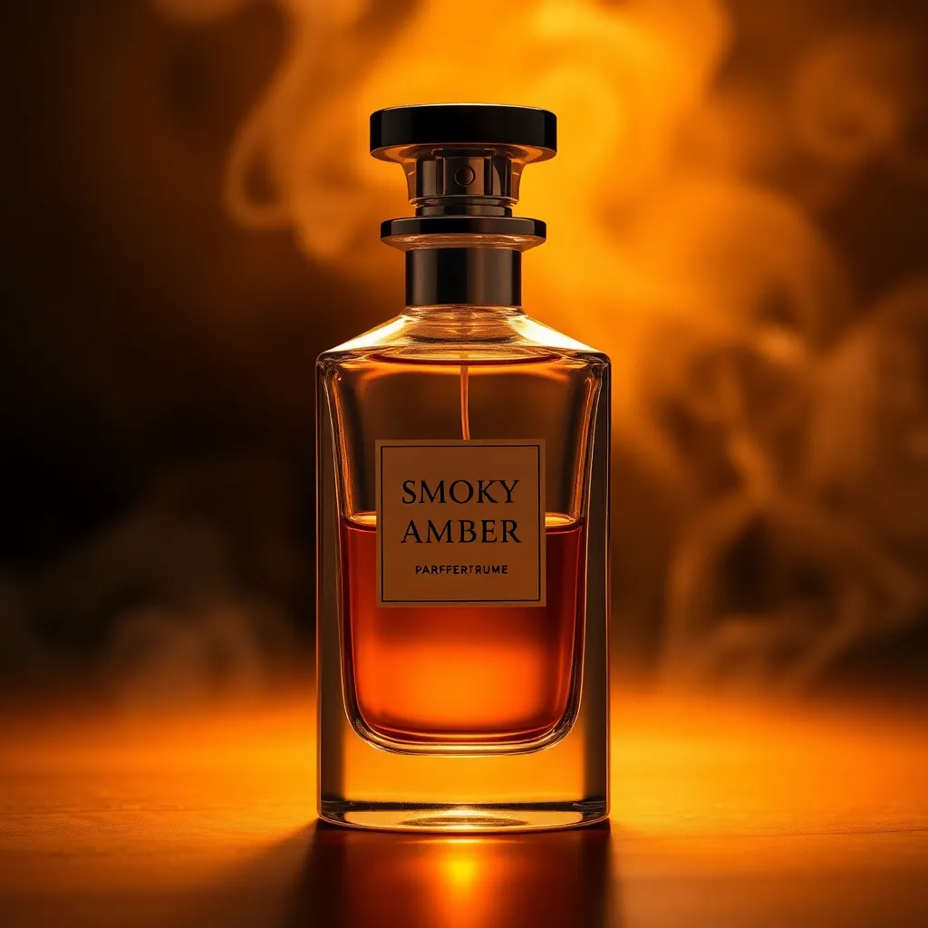 Smoky Amber perfume bottle with amber and smoke background, elegant glass bottle with golden liquid inside